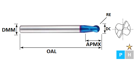 25.0mm 2 Flute Extended Neck Stub Length Ball Nose Pulsar Blue Carbide Slot Drill